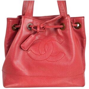 CHANEL CC Coco Mark Wood Grain Drawstring Vintage Tote Bag in Caviar